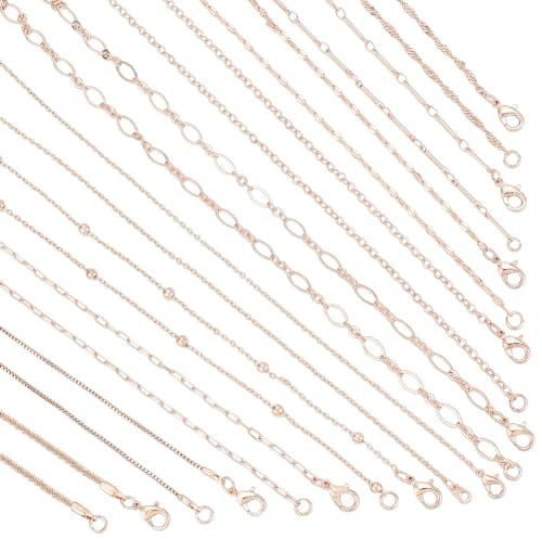 PH PandaHall 10 Styles Rose Gold Plated Necklace 17inch/45cm Brass Cable Chain Necklace Paperclip Chain Link Necklace Bulk Bar Link Chain Necklace Box Chain Necklace for Jewellery Making