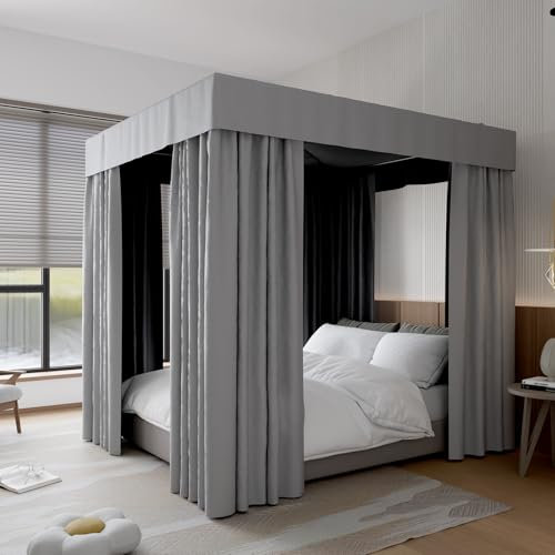 Hvqic Graue Betthimmel-Vorhänge, 4 Eckpfosten, Bettvorhänge, lichtdichte Vorhänge, Betthimmel für Erwachsene und Mädchen, Schlafzimmerdekoration (Doppelbett, Grau)