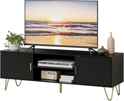 HEYZOEY TV Schrank, Lowboard Schwarz, Fernsehschrank für TV 60 Zoll,137x38x48 cm, TV Board Fernsehtisch mit 2 Schränken für Wohnzimmer,Schwarz