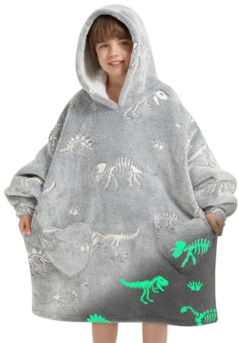 Mewkou Tragbare Decke für Kinder, übergroße Sherpa-Decke, Hoodie für Kinder, Jungen, Mädchen, Teenager, 6–13 Jahre, leuchtet im Dunkeln, Dinosaurier-Fossil
