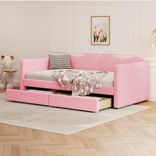 Lettino imbottito 90 x 200 cm con orsacchiotto, 2 cassetti, schienale e braccioli, divano multifunzione per camera dei bambini e dei ragazzi, telaio stabile, ideale come letto per gli ospiti in rosa.