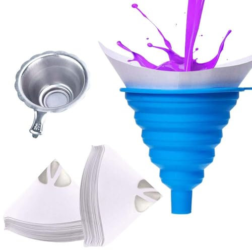 Luabue 102Pcs Disposable Paper Paint Filters Strainers Spray Gun Paint Filters 100 Micron Nylon Mesh Cone 3D Resin Paper Filters with Silicone Funnel & Colander for Automotive Spray Guns Arts Crafts