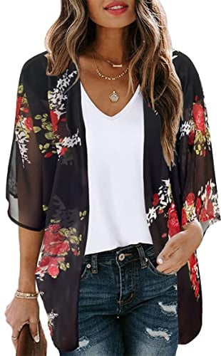 Womens Kimono Cardigan Loose Beach Cover Ups(Black Floral,3XL)