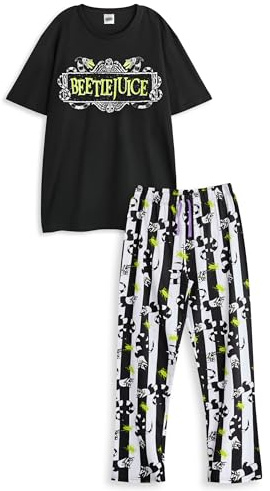 Vanilla Underground Beetlejuice Schwarzes Herren-Pyjama-Set | Kurzarm-Pyjama mit langem Bein und Logo für Herren | Klassische Nachtwäsche mit Filmlogo | Bequemes Nachtwäsche-Set