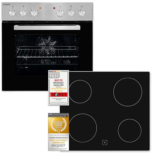 Exquisit Einbauherdset EHE156-2.1U-Set inox | 59 l Garraumvolumen | 7 Backofenfunktionen | Kochfeld mit Rahmen | Energieklasse A