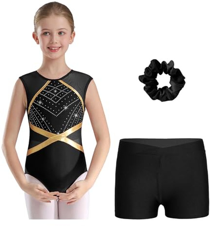 Fldy Mädchen Turnanzug Mit Kurze Hose Haarband 3er Set Kinder Gymnastikanzug Glitzer ärmellose Netz Patchwork Trikot Ballett Wettkampf Tanzkleidung