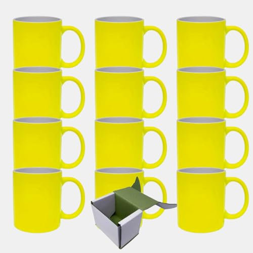 GAFFCO Sublimation Mugs 12 Pack 11oz Ceramic Neon Yellow Inner Handle Mugs with Gift Boxes