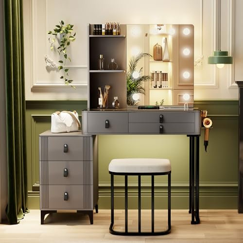 FREDEES Schminktisch mit Beleuchtung & Spiegel, Grau Schminktisch mit Glas-Schreibtischplatte, Groß Vanity Desk mit Stuhl & verstellbaren 3 Farben LED-Beleuchtung und Ladestation