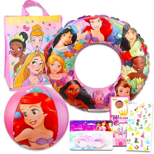 Ultimate Disney Princess Pool Set – Ensemble de 6 jouets de plage avec bouée gonflable, ballon de plage, lunettes et sac avec autocollants, plus | Coffret cadeau Disney Princess piscine et plage