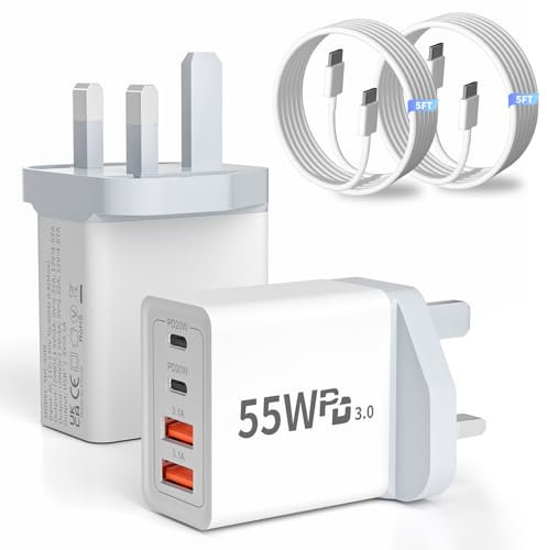 USB C Plug Fast Charge, 2 Pack 55W 4-Port USB Charger, UK Plug Adapter, QC3.0/PD 20W Mains Wall Charger, Type C Charging Plug, Compatible with iPhone/Samsung/iPad/AirPods