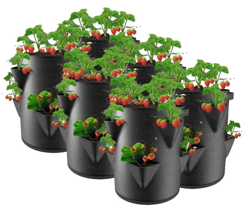 Erdbeerturm zum Pflanzen, Erdbeer Pflanzturm Pflanzsack aus Filz mit 8 Seitlichen Pflanztaschen, 10 Gallonen Pflanzsäcke für Erdbeeren Pflanzen, Atmungsaktiv Pflanzenturm für Innen Außen Balkon (6)