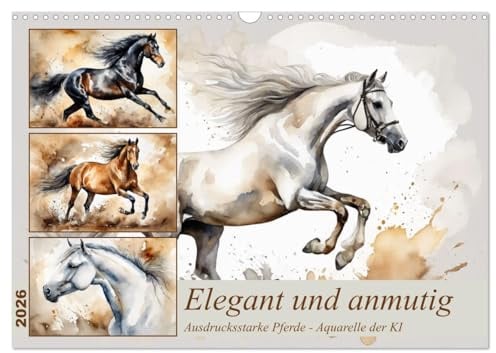 Elegant und anmutig (Wandkalender 2026 DIN A3 quer), CALVENDO Monatskalender: Wunderschöne KI generierte Aquarelle von Pferden (CALVENDO Tiere)