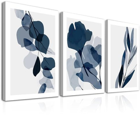 NymphFable 3Pcs Framed Blue Flower Wall Art Decor Abstract Botanical Prints, Watercolor Plants Wall Poster for Bedroom Living Room Decor 12x16 in