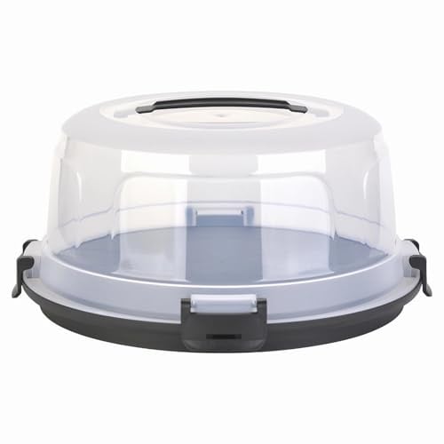 Engelland Runde Kuchen-Transportbox mit Griff, Deckel und 4-fach Klick-Verschluss, Farbe: Schwarz, Ø 36,50 cm x H 17,50 cm, BPA-frei, Torten-haube, Stückeinteilungshilfe