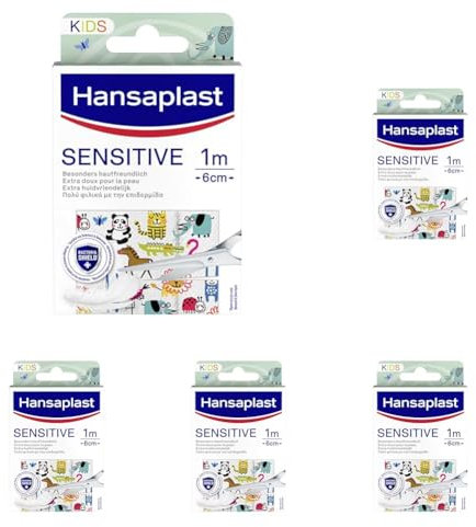 Hansaplast Kinderpflaster Sensitive (1m x 6cm), Wundpflaster mit niedlichen Tiermotiven zum Aufmuntern, schmerzlos zu entfernendes Pflaster (Packung mit 5)