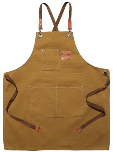 CABODYALS Delantal de Lona Marrón de Algodón con Tirantes Cruzados Ajustables Y Amplios Bolsillos para Herramientas. Delantales de Tela Color Dorado Oscuro para el Hogar, la Cocina, el Jardín, Artista