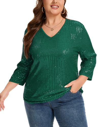 XL-5XL Plus Size Sequin Blouse Womens Glitter Sparkly V Neck 3/4 Sleeve Top | Womens Curvy Blouses Glitter Tops Sparking Sequins Shirt V Neck Lined 3/4 Sleeve Casual Nights Out Wear