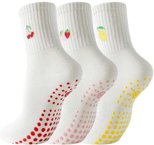 BISOUSOX Pilates Socken Damen Streifen Yoga Socken für Fraue 3 Paare Baumwolle Stoppersocken für Schwangere Frau Größe 36-40 Weich Bequem Rutschsocken für Fitness Yoga Geburtstagsgeschenk