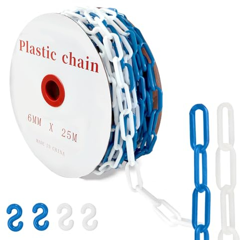 25 m Absperrkette Kunststoffkette, 6mm Warnkette Plastikkett | Kunststoff Absperrkette mit 4 Karabinern für Barrieren in Auffahrten, Arbeitsplätzen und Garagen