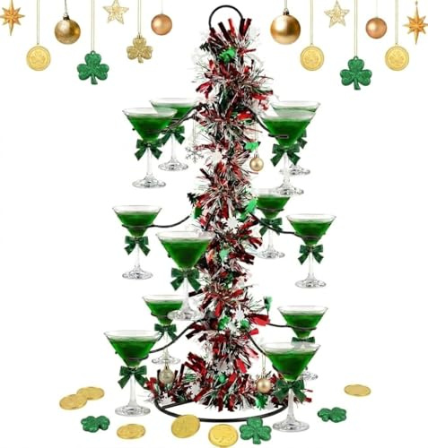 Cocktailständer, Weinglas-Probierstand für Getränke, 3-stöckig mit je 12 Haltern für Champagner, Cocktails, Weinglasständer für Hochzeiten, Brautpartys, Barpartys & Events (Weihnachtliches Schwarz)