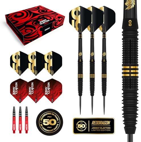 RED DRAGON Darts - 50 Jahre Jubiläums Spieler Edition - 90% Wolfram - Profi dartpfeile metallspitze Satz - Enthält Steeldarts Pfeile Flüge und Dart Schäfte - Erhältlich in 21 g, 22 g und 23 g
