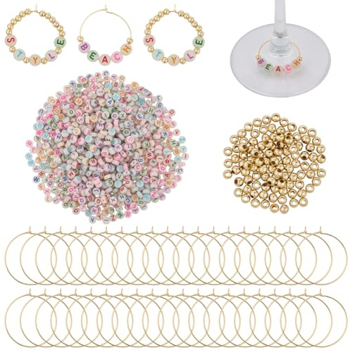 SUNNYCLUE 1 Box 60 Sets 960pcs Wine Glass Marker Kit Alphabet Wine Charms Acrylic Luminous Letter Words Gold Beaded Drinker Marker Identifiers Tags for Stem Glasses Adults Birthday Tasting Party