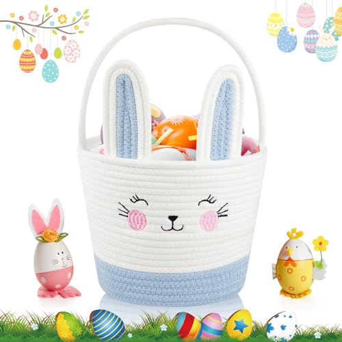 SilverChry Cestini Pasquali, Cestino Pasqua in Corda di Cotone, Cestino Pasquale per Bambini con Manico, Sacchetti per Caramelle Bambini, Cesto Pasquale Caccia Uova Regalo di Pasqua