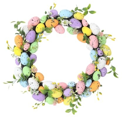 LOVIVER Couronne de Pâques artificielle, décoration printanière pour porte d'entrée, motif œufs dans l'herbe, avec œufs colorés, couronne printanière