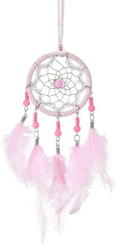 URYVAIW Traumfänger, Rosa, Handgemacht, Ø8cm, Gesamtlänge 22cm, mit Federn & Perlen, für Schlafzimmer & Kinderzimmer, Schutz vor Albträumen, Deko-Geschenk