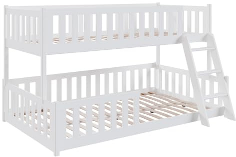 LANO meble Schönes Etagenbett Nice 90x200 Weiß für Kinder und Jugendliche mit größerem unteren Bett und Schutzgittern.