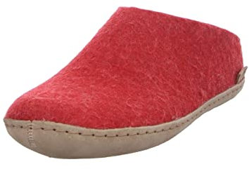 GLERUPS Slip On Hausschuhe Damen und Herren (Größe 11) | Rot Unisex Slipper aus Wolle mit Ledersohle