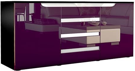 Vladon Sideboard Sylt V1, Kommode mit 2 Türen und 4 Schubladen, Korpus - Anthrazit matt/Front - Brombeer Hochglanz/Absetzung - Weiß Hochglanz (138,5 x 75,5 x 35 cm)