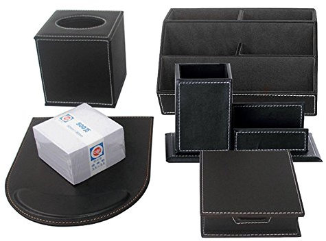 KINGFOM 6pcs Leder büro Schreibtisch Set - Inklusive Schreibtisch Organisator, Kosmetiktücherbox, Mauspad,Stifthalter mit Visitenkartenhalter, Zettelbox und 500 Seiten Memo Papier (T45-6-Schwarz)