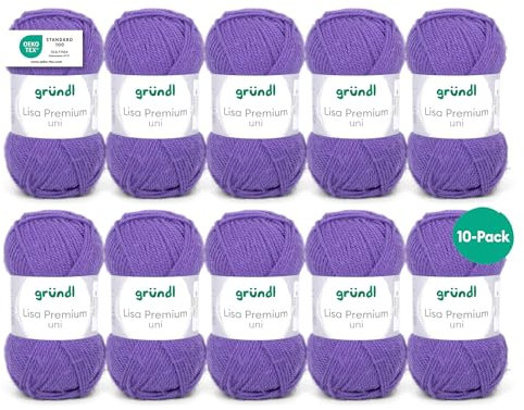 Gründl Wolle Lisa Premium uni - 10 x 50 g - Wolle zum Häkeln - Wolle zum Stricken - 100 % Polyacryl- Weich & Pflegeleicht- Nadelstärke 3,5-4,5 - Lila