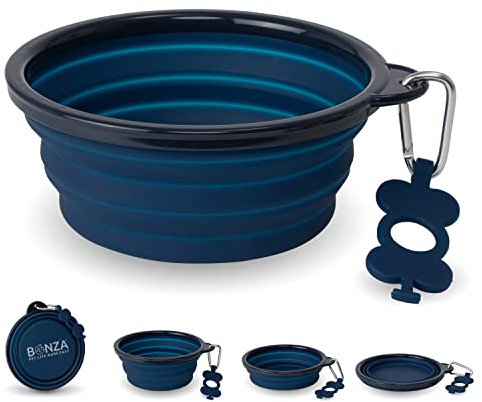 Bonza Gamelle Pliable pour Chien Extra Grande, Gamelle d'eau Portable pour Chiens, Légère, Robuste, Étanche, sans Danger pour la Nourriture, Gamelle de Voyage de Qualité Supérieure (Bleu Marine)