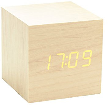 Gingko Cube LED Click Clock Wecker mit Sound Aktivierung (Uhrzeit, Datum & Temperatur), Ahorn/Orange LED