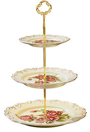 YOLIFE Etagère Porzellan, Tortenständer 3 Stöckig, Etagen für Cupcakes, Muffins (Muster der Rosen)