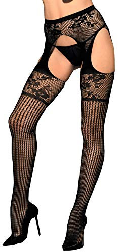 krautwear Damen Strumpfhose Strumpfgürtel Strapsstrumpfhose Ouvert im Sexy Strapse Look aus Spitze Schwarz (004)