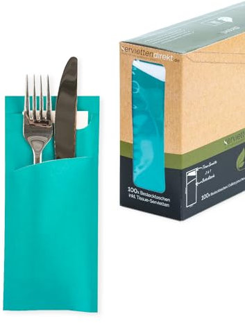 PRIME GUEST Bestecktasche Serviettentaschen 85x190mm Tasche mit 2-lagiger Tissue-Serviette in Weiß ideal für Gastronomie und Feiern (Petrol, 100 Stück)