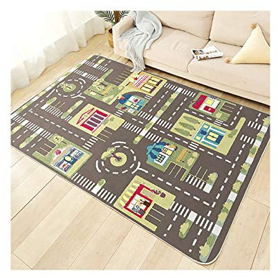 TYKTZXY Kinderteppich Spielen Teppich Straße Auto Tier Universum Blau Grün Grau(100×160cm,39×63inch)