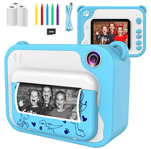 Ushining - Cámara Digital para niños, cámara de vídeo HD 1080P con Pantalla IPS de 2,4 Pulgadas, cámara instantánea en Blanco y Negro con Tarjeta Micro SD de 32 GB y 3 Rollos de Papel