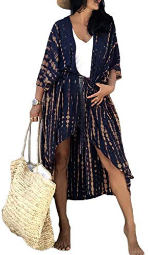 Bsubseach Women Tie Dye Long Beach Swimsuit Cover Ups for Swimwear Sexy Bikini Beach Kimono Cardigan Navy