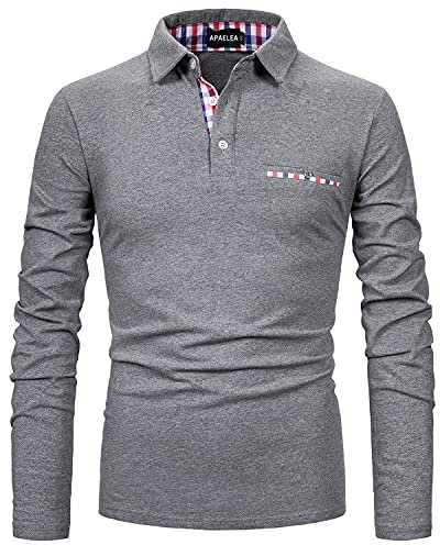 APAELEA Men's Long Sleeve Polo Shirt Casual Rugby Shirts with Plaid Down Collar,Grey,XL