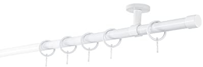ondeco Gardinenstange auf Maß 20mm Cap 1-lauf Vorhangstange Deckenträger 4cm Stilgarnitur mit Ringen für Vorhänge 280cm Weiß