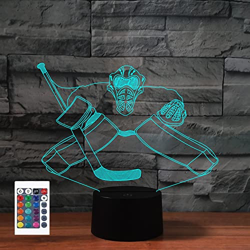 SUPERRUIDALONG 3D Eishockey Torwart Fernbedienung 16 Farben Nachtlichter Illusion Acryl LED Tisch Nachttischlampe Kinderzimmer Schreibtisch Dekoration Geburtstagsgeschenke Spielzeug für Kinder