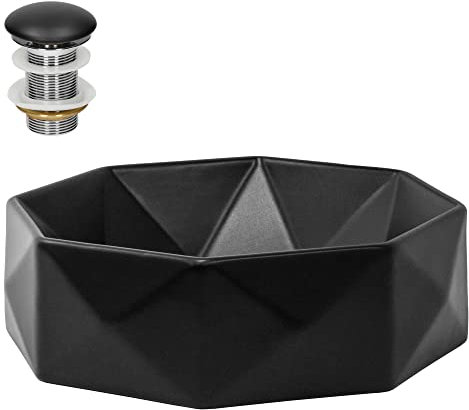 ML-Design Lavabo da Appoggio in Ceramica Nero Opaco Ø 420 x 135 mm Lavandino Rotondo Design a Diamante Moderno Lavamani con Foro di Scarico e Piletta Lavello Elegante Sanitari per Bagno Toilette WC