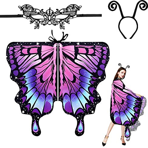 EMAGEREN Butterfly Wings Adult Butterfly Wings Costume Adult Women Butterfly Wings Shawl Fairy Ladies Cape Nymph Pixie Costume Accessory with Headband and Lace Mask for Christmas Halloween Cosplay