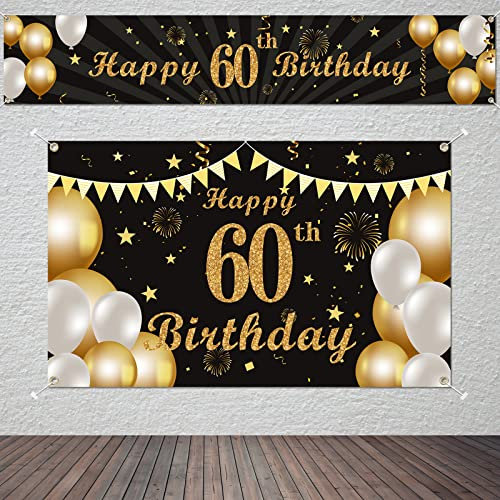 Qpout Long Black and Gold 60th Birthday Banner With Extra Large Backdrop for Men Women - Party Door Garden Wall Decorations