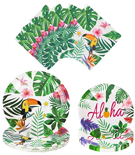 Gukasxi Juego de vajilla para fiesta hawaiana, suministros de fiesta tropical, platos de fiesta hawaiana, servilletas de papel para Aloha, decoración de fiesta de cumpleaños de verano, sirve para 24