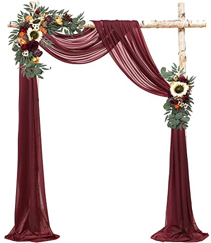 Ansofi Vintage solrosbåge blommor kit (paket med 3) - 2 st konstgjord vinröd ros blomsterarrangemang med 1 st draperi för bröllopsceremoni berså och mottagning bakgrundsdekor